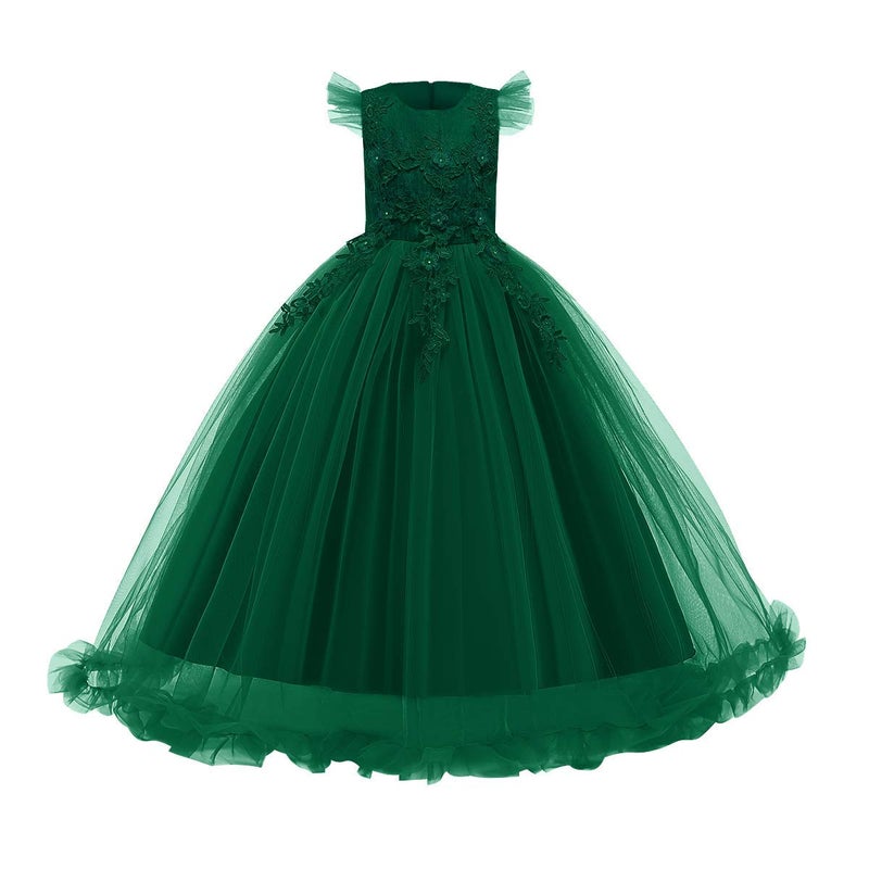 IWEMEK Big Little Girl Princess Embroidery Flower Lace Long A Line Pageant Dress Kids Floor Length Prom First Communion Bowknot Dress Puffy Tulle Ball Gown for Wedding Party Birthday Dark Green 7-8 Years - Image 1
